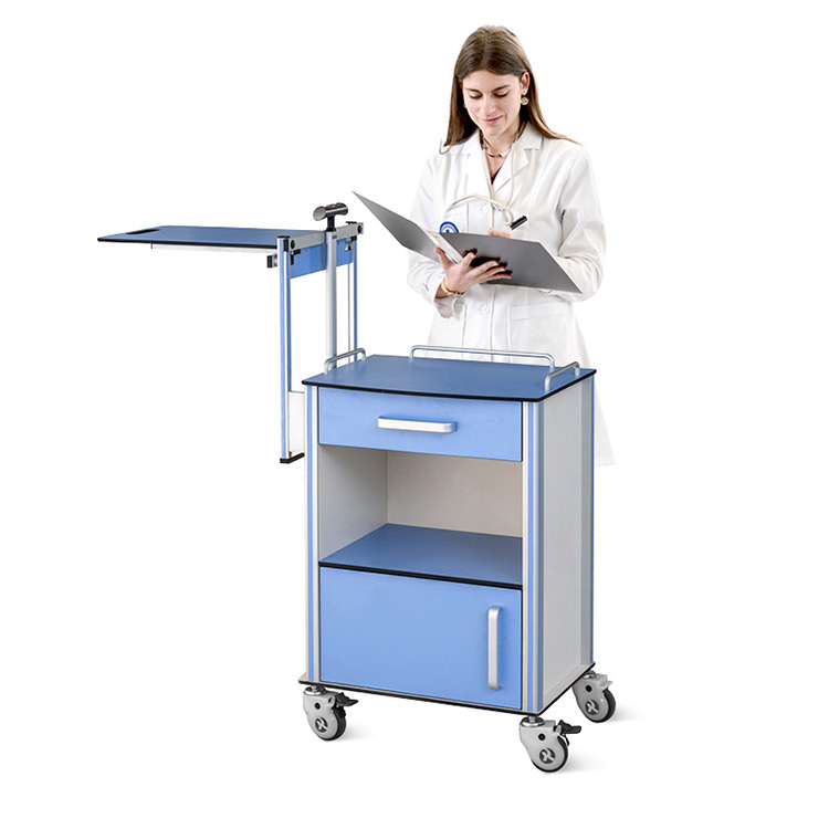 Adjustable Medical Overbed Table Aluminium Tsev Kho Mob Cia Lub txaj txaj nrog Casters