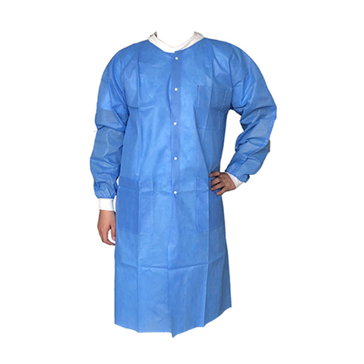 Pov tseg Pp thiab Pe Nonwoven Acid Resistant Medical Blue Lab Coat