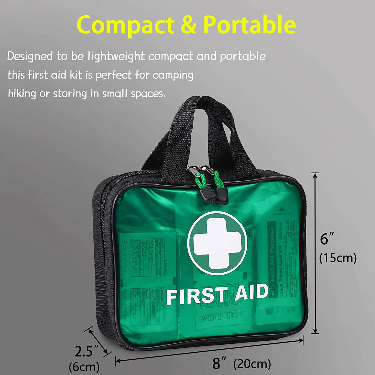 Green First Aid Handbag nrog 200 Daim Tsev Kho Mob Qib Cov Khoom Siv Kho Mob